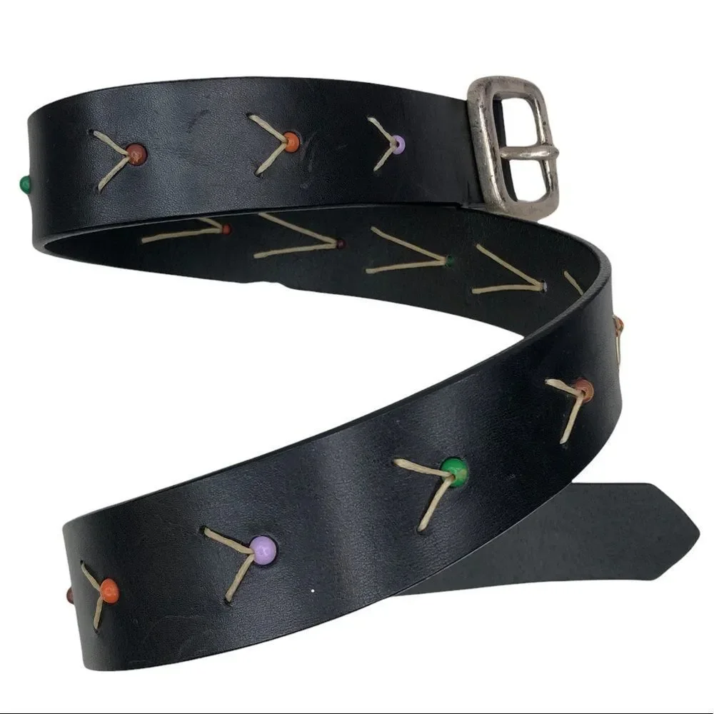 90’s Vintage Express Beaded Black Leather Belt sz L